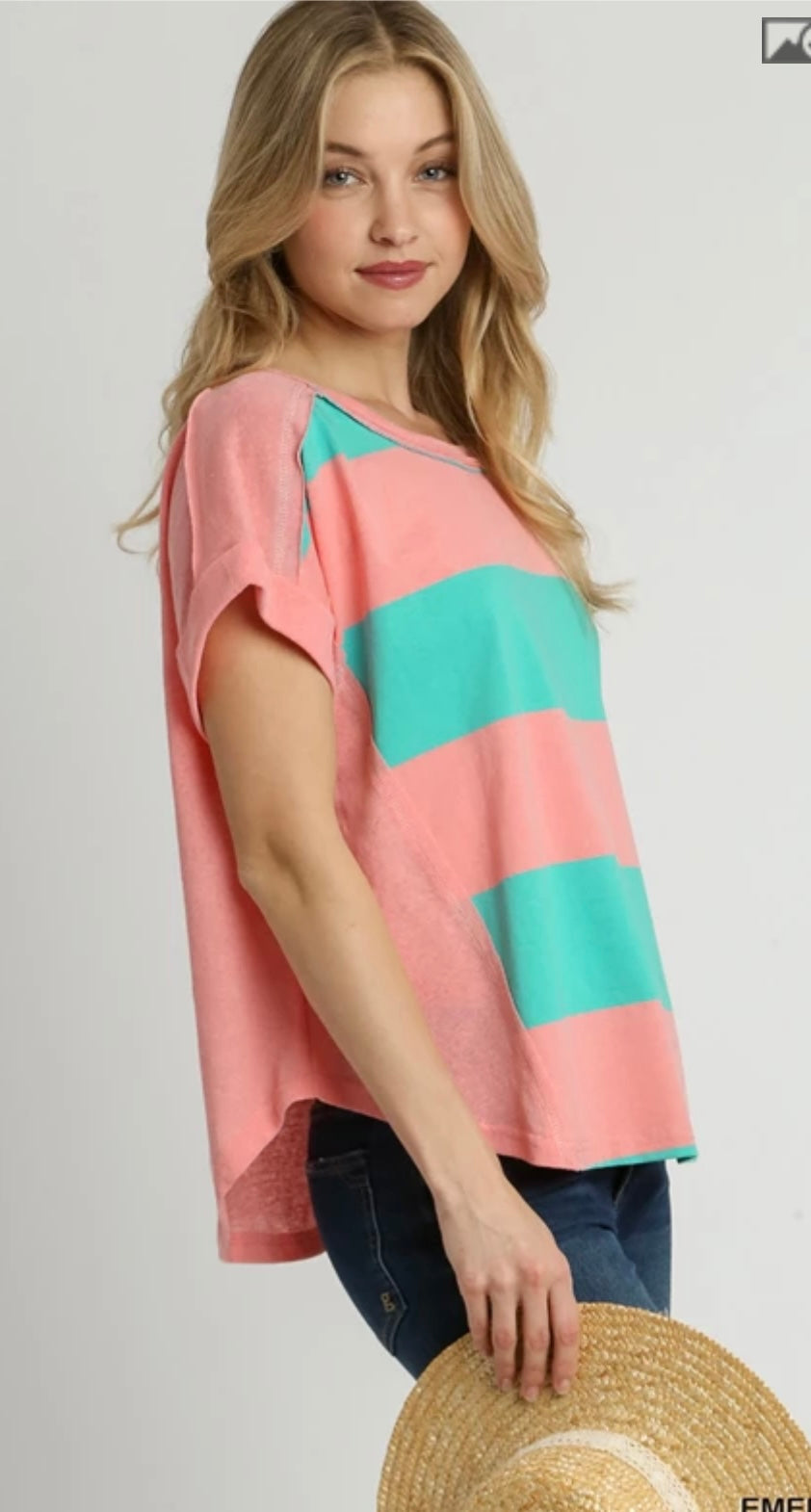 R0957 Stripped Color Block Round Neck Top, Folded Short Sleeves