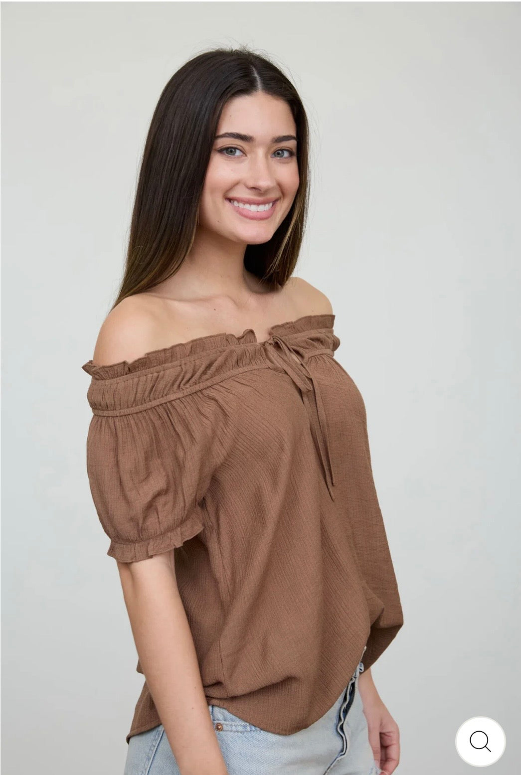 CR2996 Ruffled Boat Neck Front Tie Puff Sleeve Top