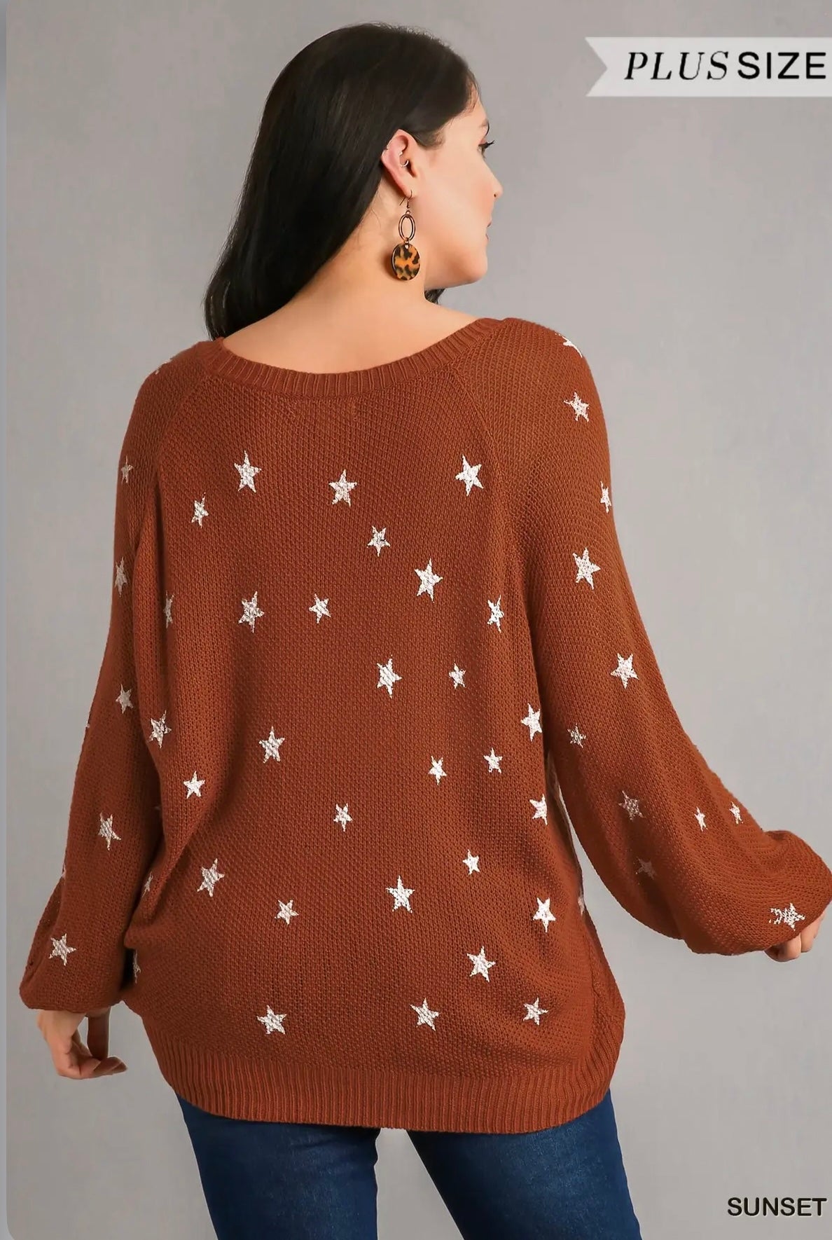 WA6081 Star Hand Stamped Round Neck Pullover Sweater