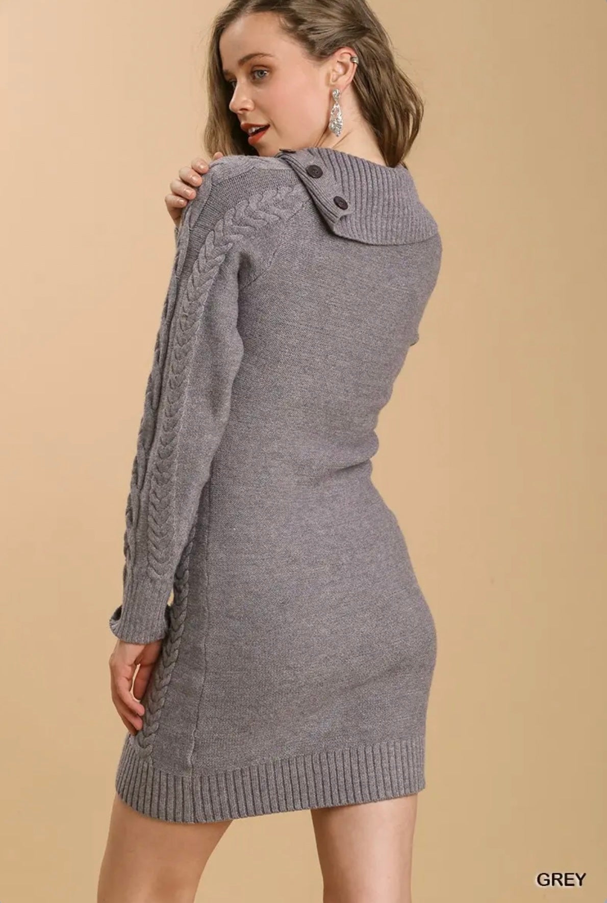 A0366 Cable Knit Sweater Dress with Adjustable Turtle Neck