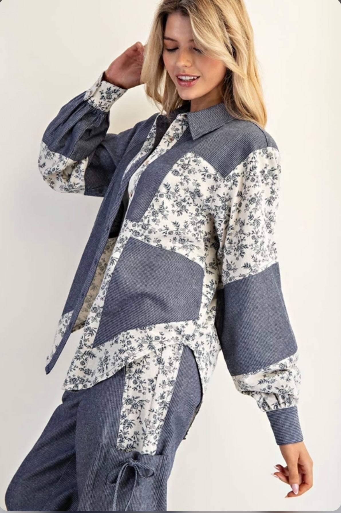 TY13137 Color Block Button Down Denim Shirt