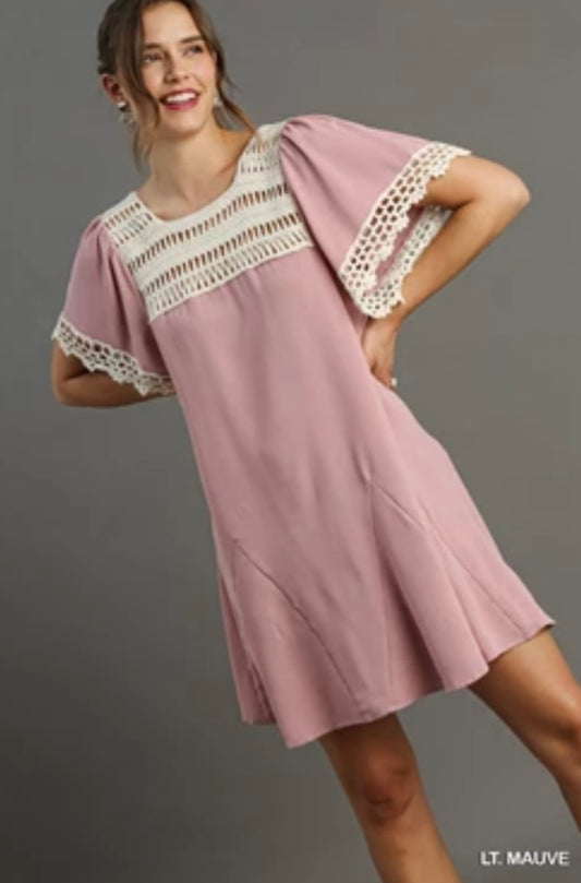 K6871 Handmade Crochet Detail Dress with Back Adjustable Tie-STONE COLOR