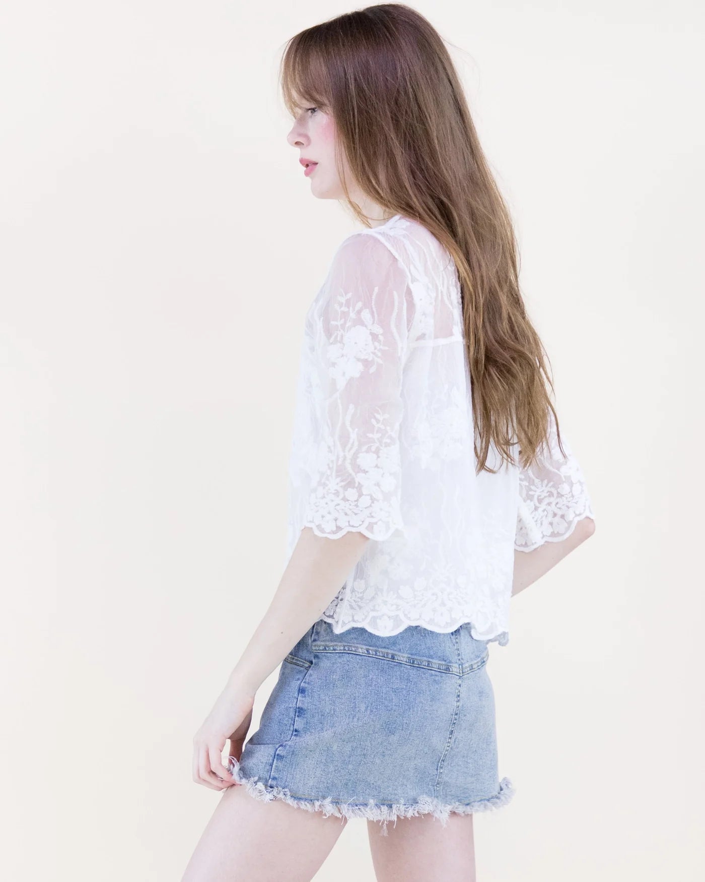 FT85846 Bella Bloom Sheer Lace Blouse-White