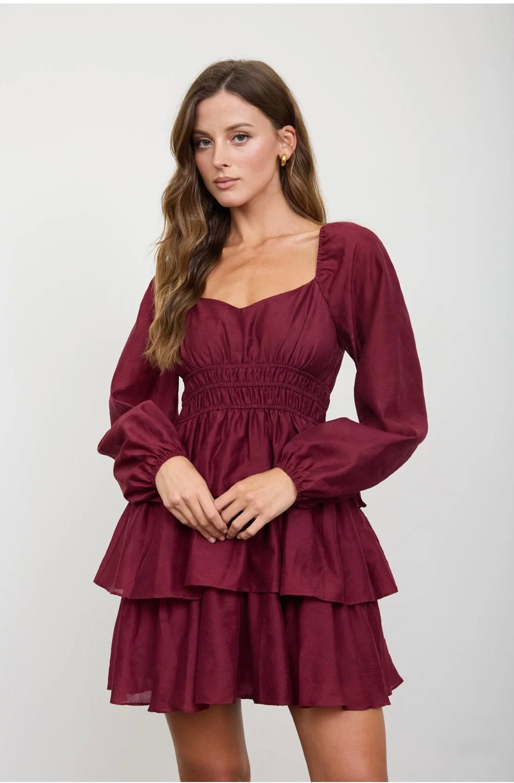 CR3116 SMOCKED BISHOP SLEEVE TIERED MINI DRESS