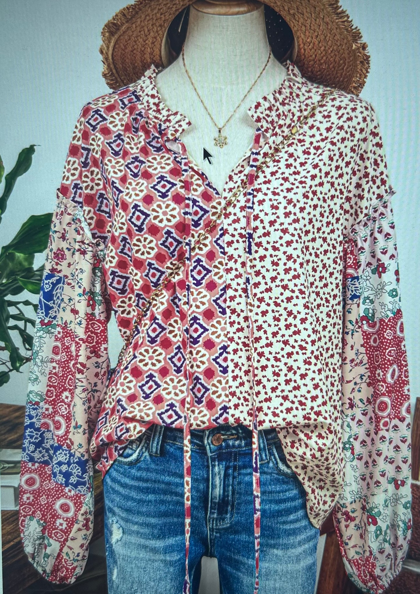FW25129660-P1420 Western Mix Floral Long Sleeve Tied V Neck Blouse