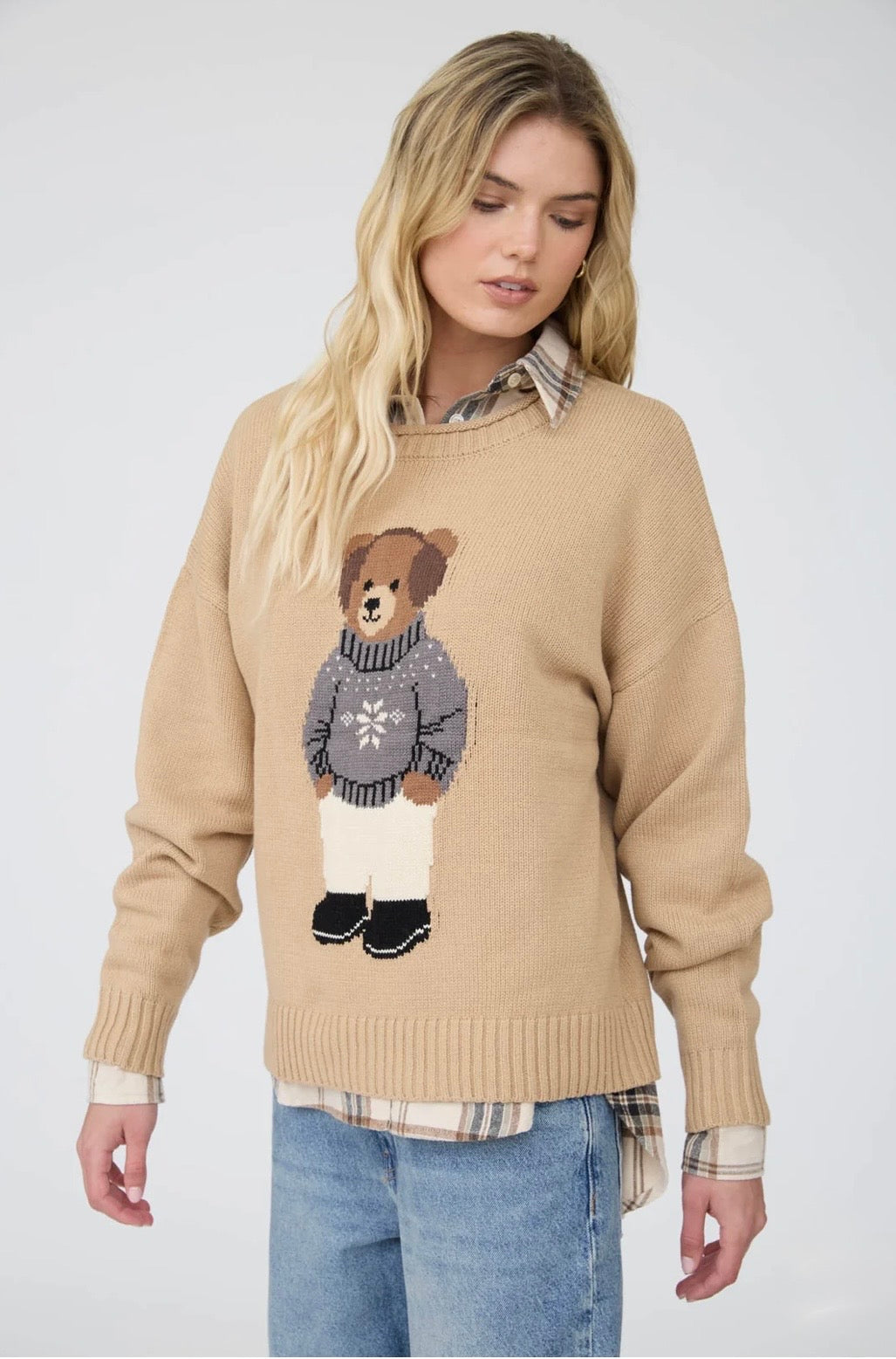 J6FT1016 TEDDY BEAR CREW NECK INTARSIA KNIT SWEATER