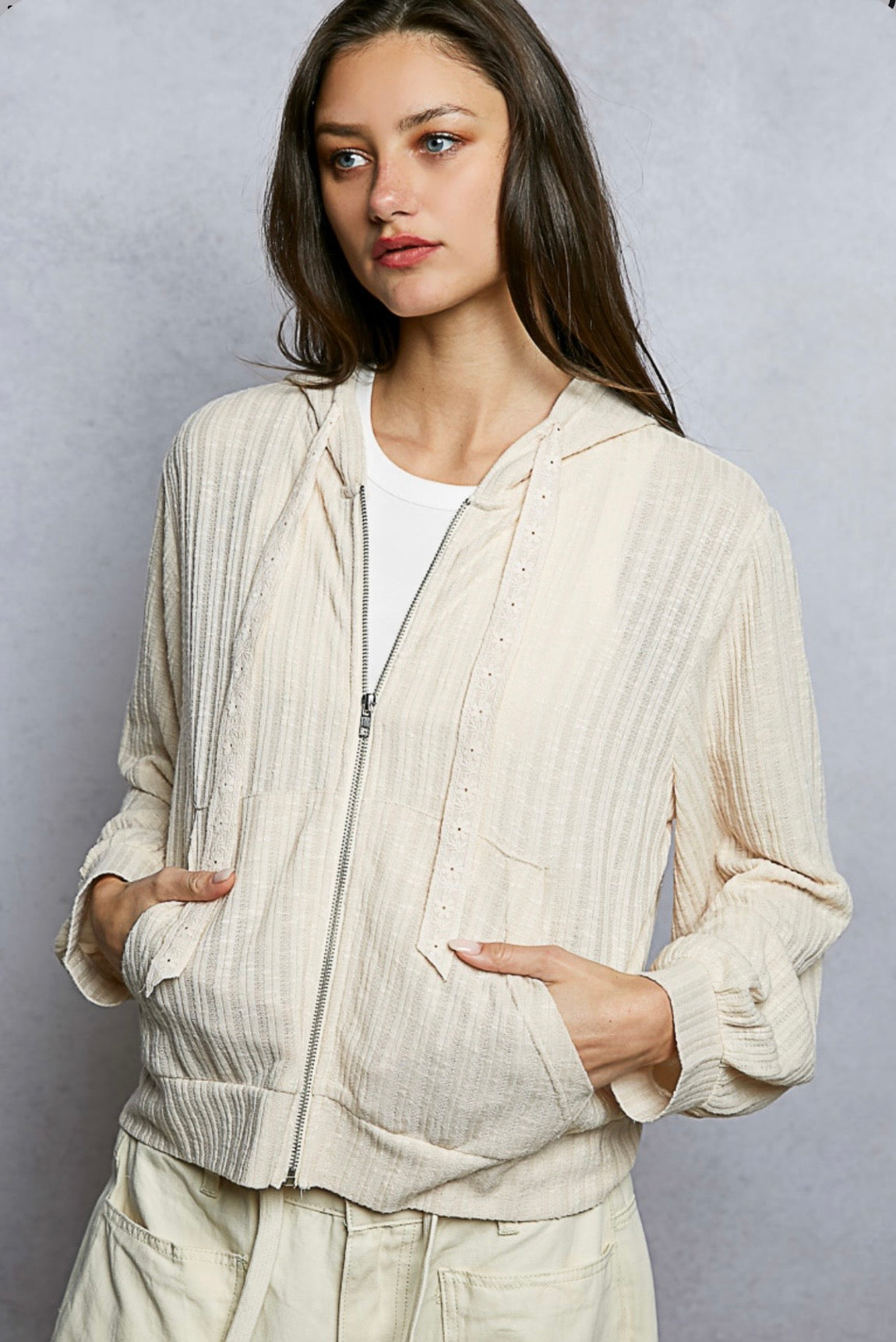 YKT1735A Almond Hooded Zip Up Jacket