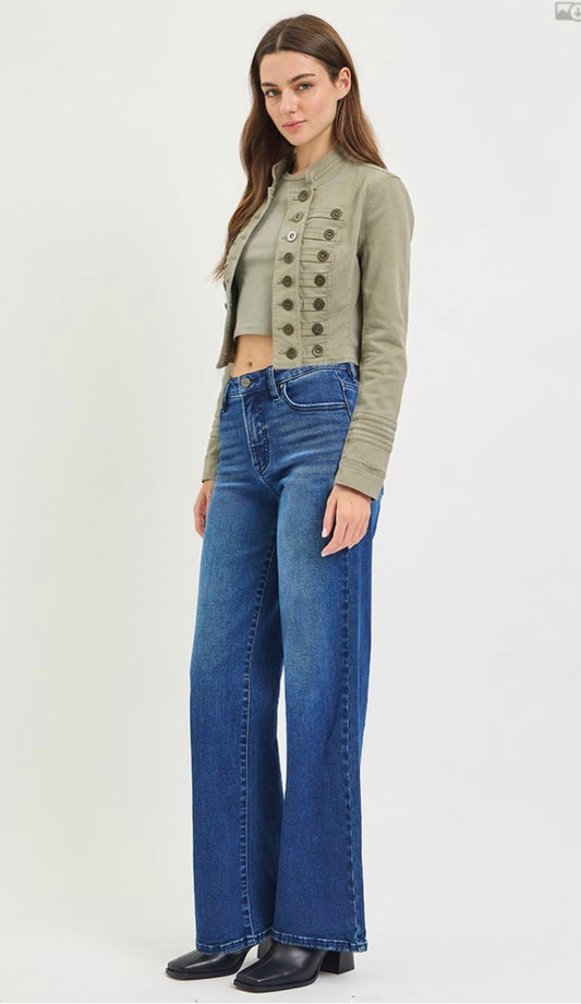 Risen Jeans-High Rise Wide Leg Jeans with Tummy Control and Shield Shaped Pockets