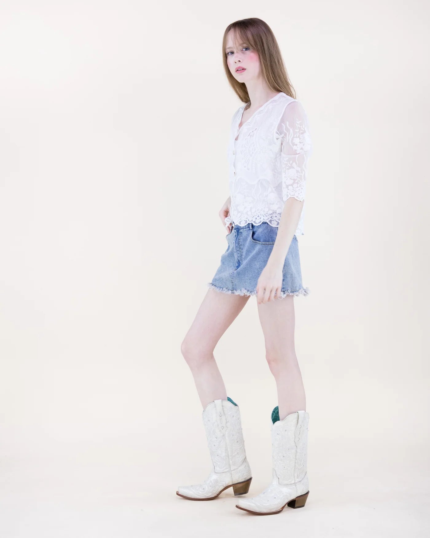 FT85846 Bella Bloom Sheer Lace Blouse-White