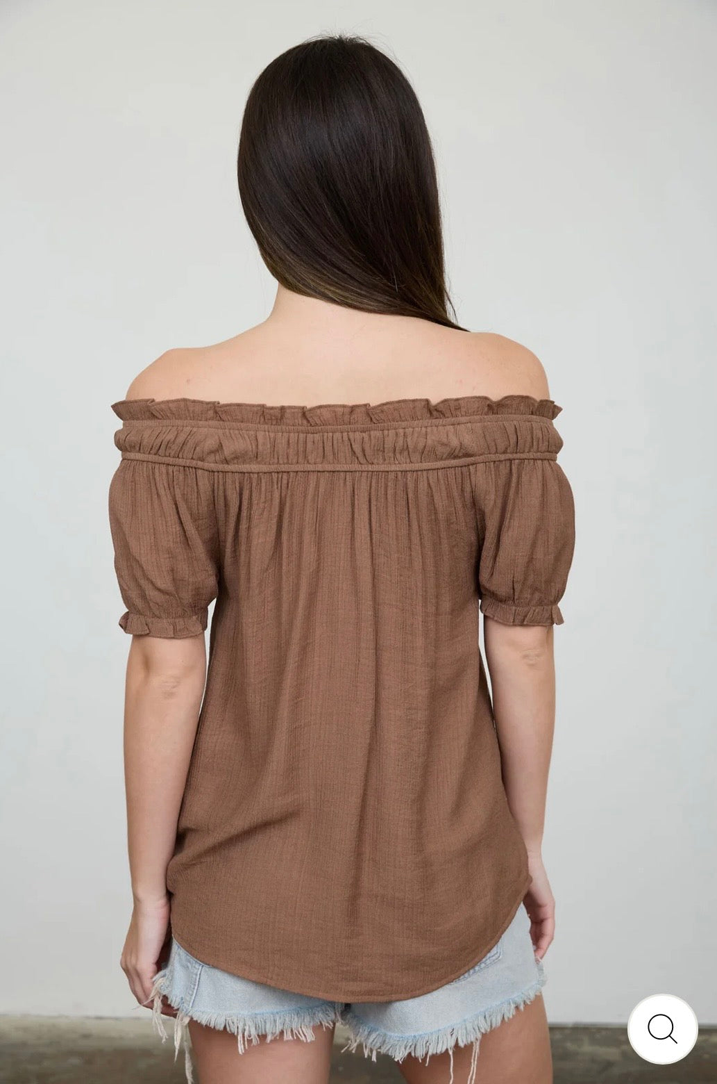 CR2996 Ruffled Boat Neck Front Tie Puff Sleeve Top