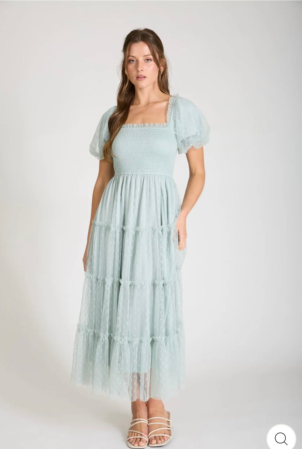 CR2739 POLKA DOT TULLE PUFF SLEEVE SMOCKED TIERED MIDI DRESS