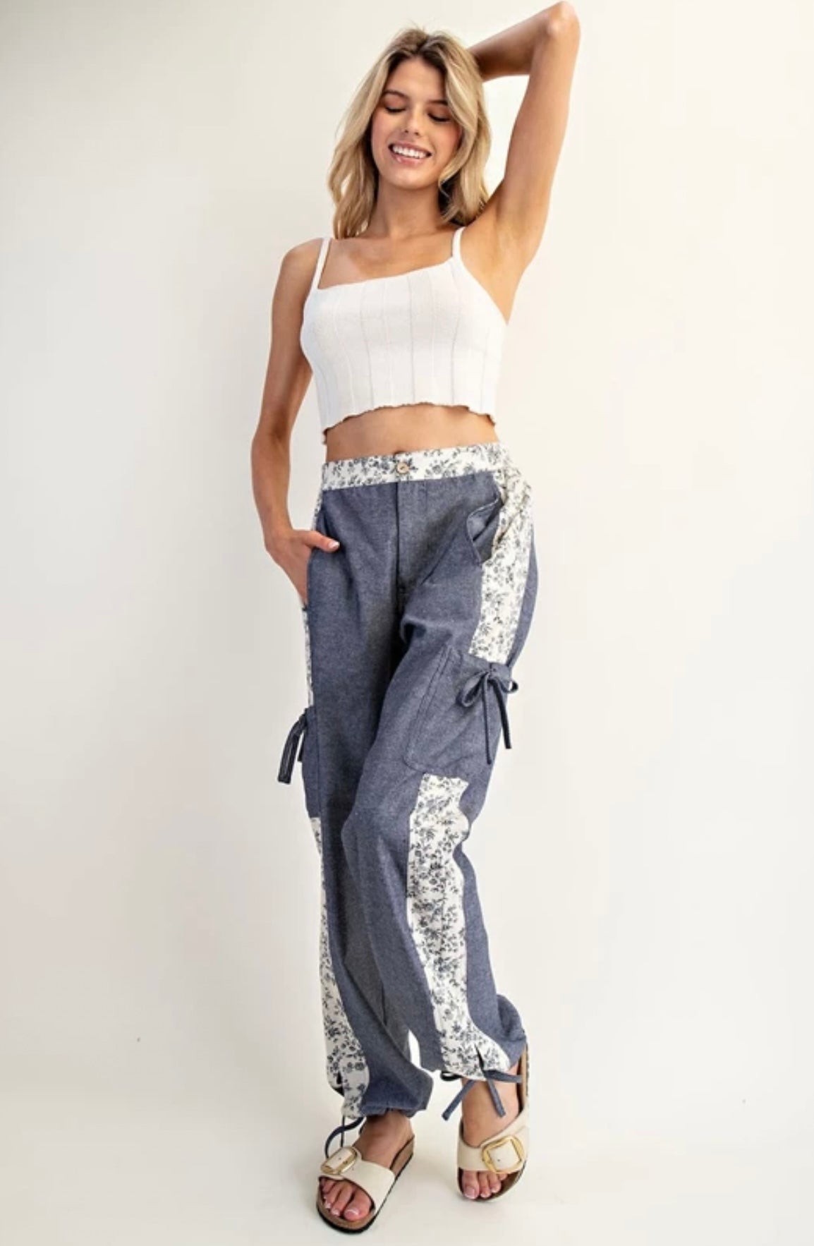 PH15041 Soft Washed Floral Striped Color Block Pants