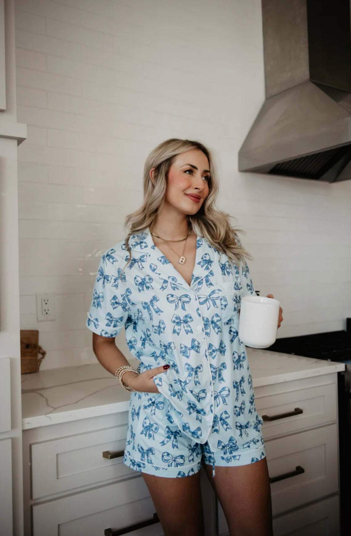 LIGHT BLUE TOILE COQUETTE BOWS WHOLESALE COTTON PJ SET