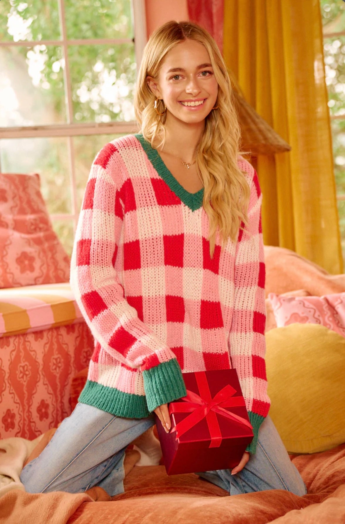 IT4786H-02 CHRISTMAS THEME CHECKER BOARD SWEATER TOP