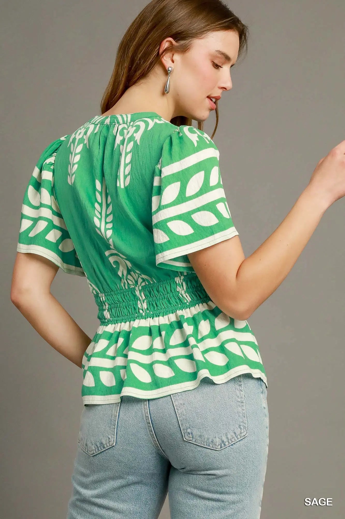 K0207 Boho Peplum Smocked Waist Blouse