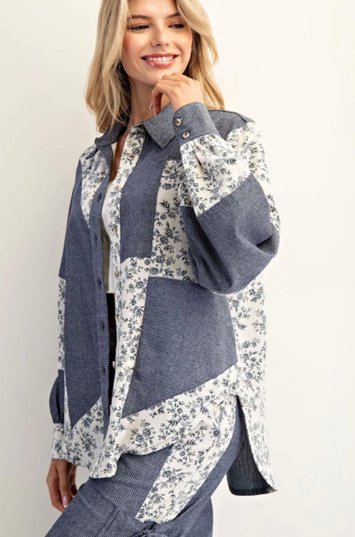 TY13137 Color Block Button Down Denim Shirt