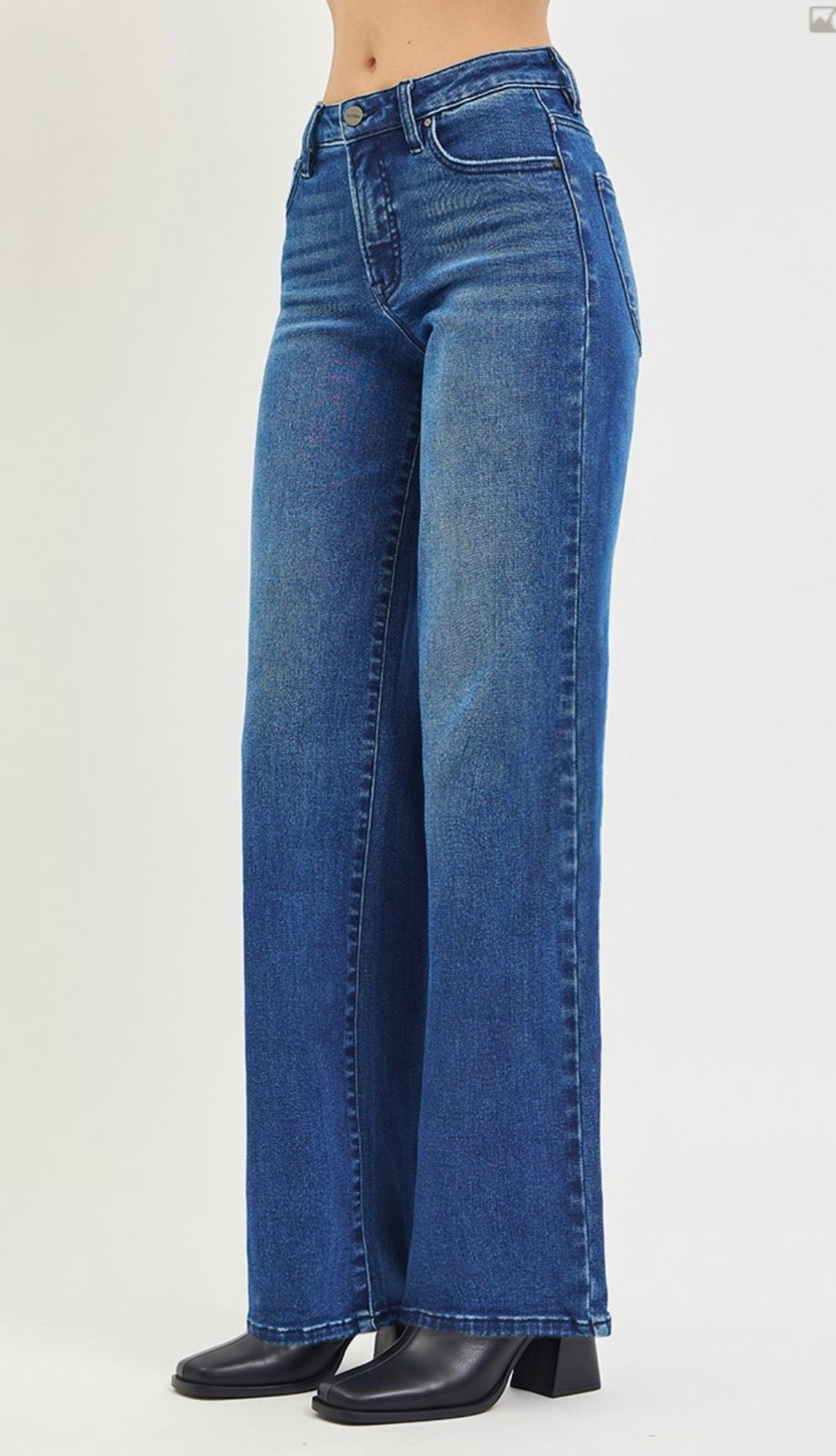 Risen Jeans-High Rise Wide Leg Jeans with Tummy Control and Shield Shaped Pockets