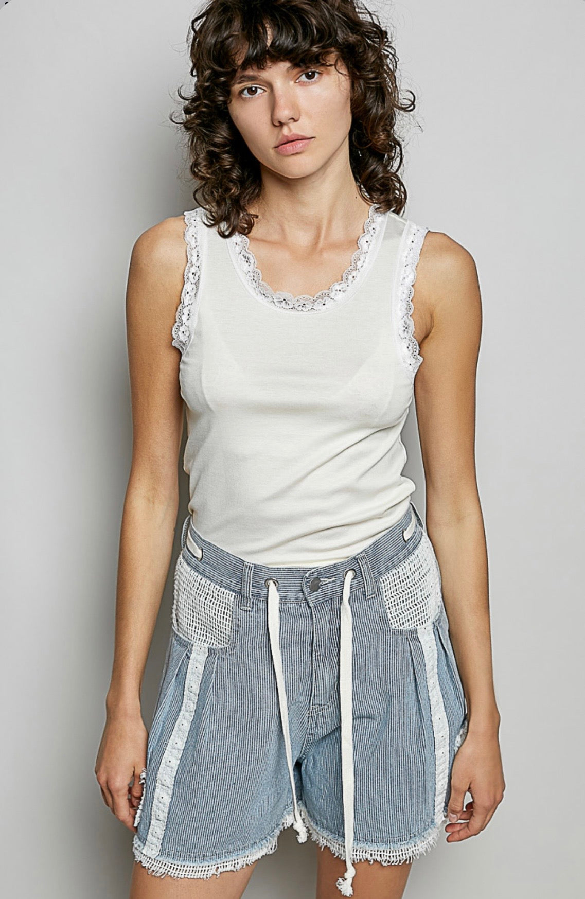 UWP152D Denim/Twill Stripe Wide Crochet Patch Shorts