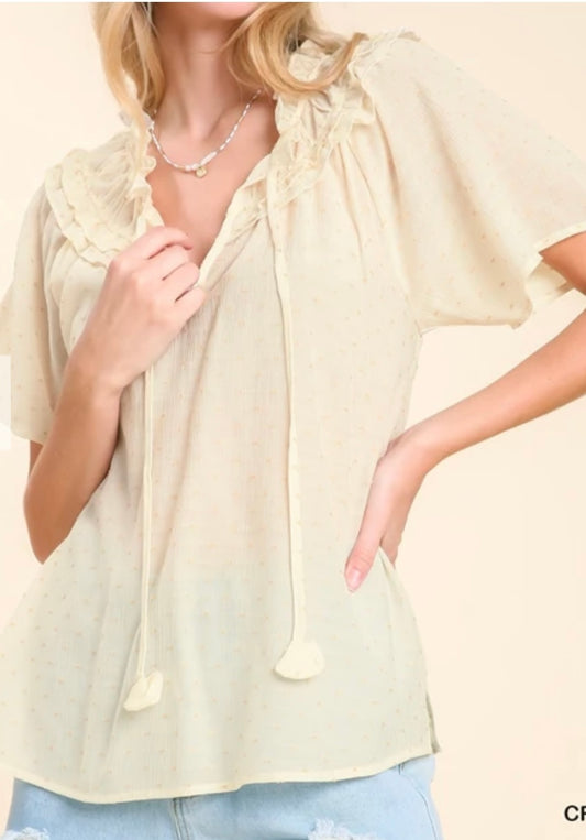 R0018 Dot Embroidered Blouse with Ruched Neckline and Neck Tie Detail