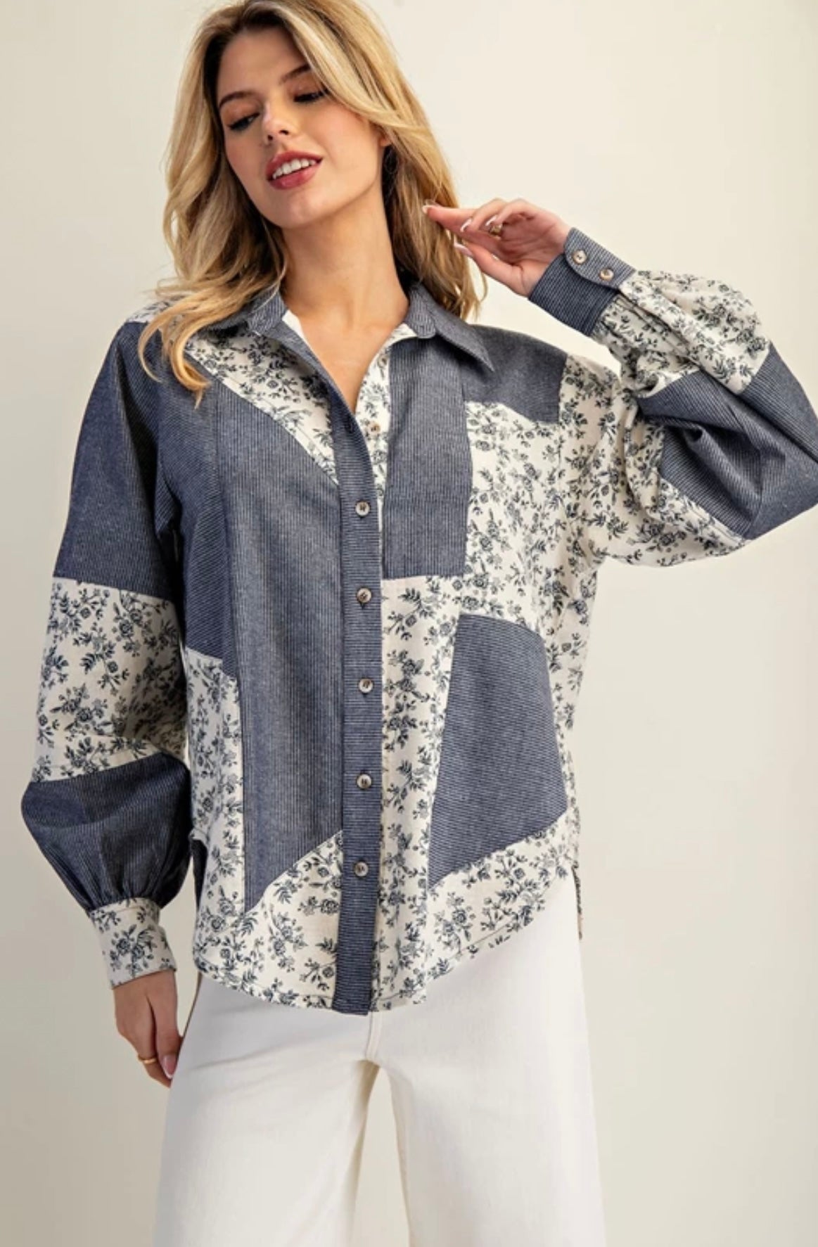 TY13137 Color Block Button Down Denim Shirt