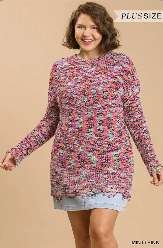 WA6067 Multicolored Round Neck Knit Tunic Dress with Distressed Hem