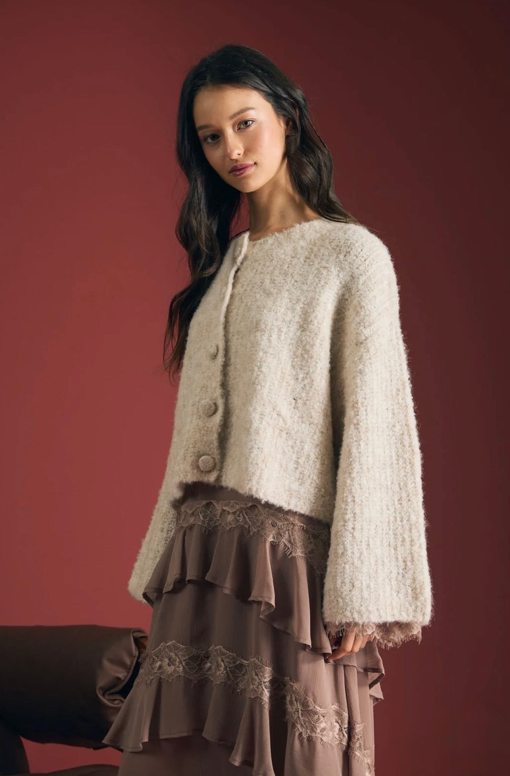 B6FJ1007 FUZZY KNIT BUTTON DOWN BOXY CARDIGAN SWEATER