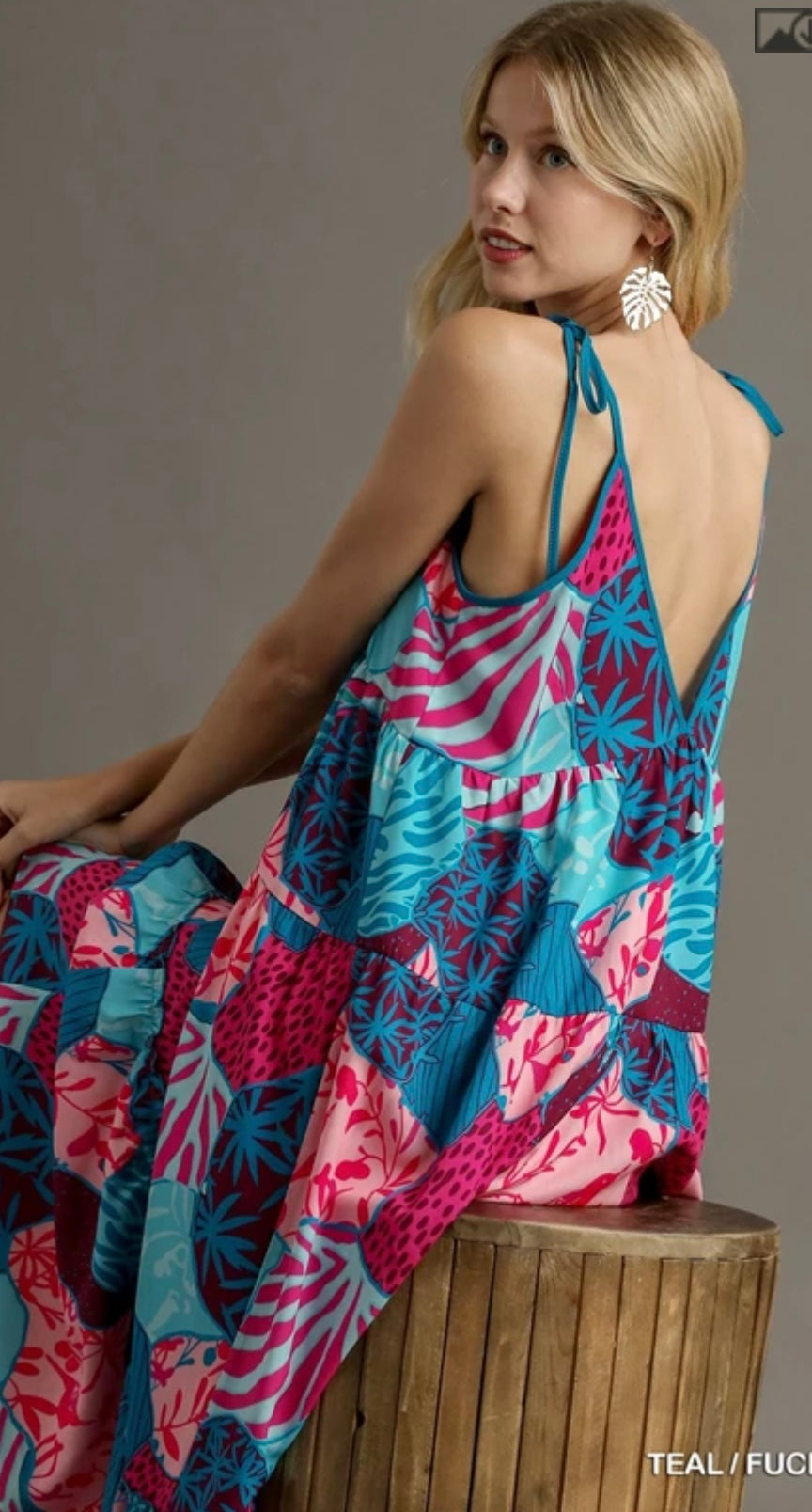 K8401 Mixed Print Spaghetti Tie Strap Dress