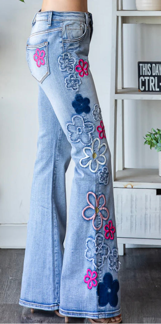 Pre-Order- JP0810 Washed Flowered Embroidery Flare Jeans