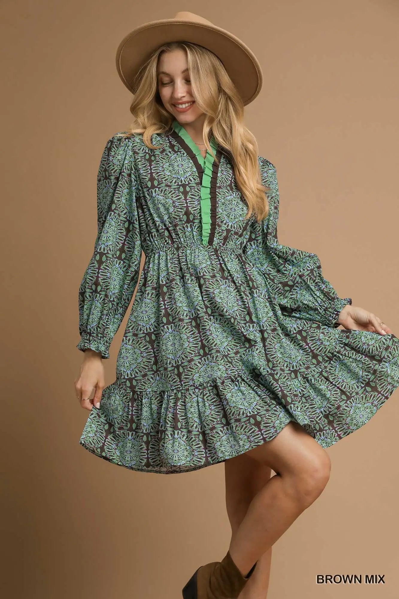 C5472 Two Tone Boho Print Long Sleeve Dress