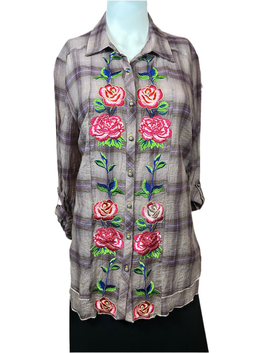 ARATTA Long Plaid Embroidered Shirt