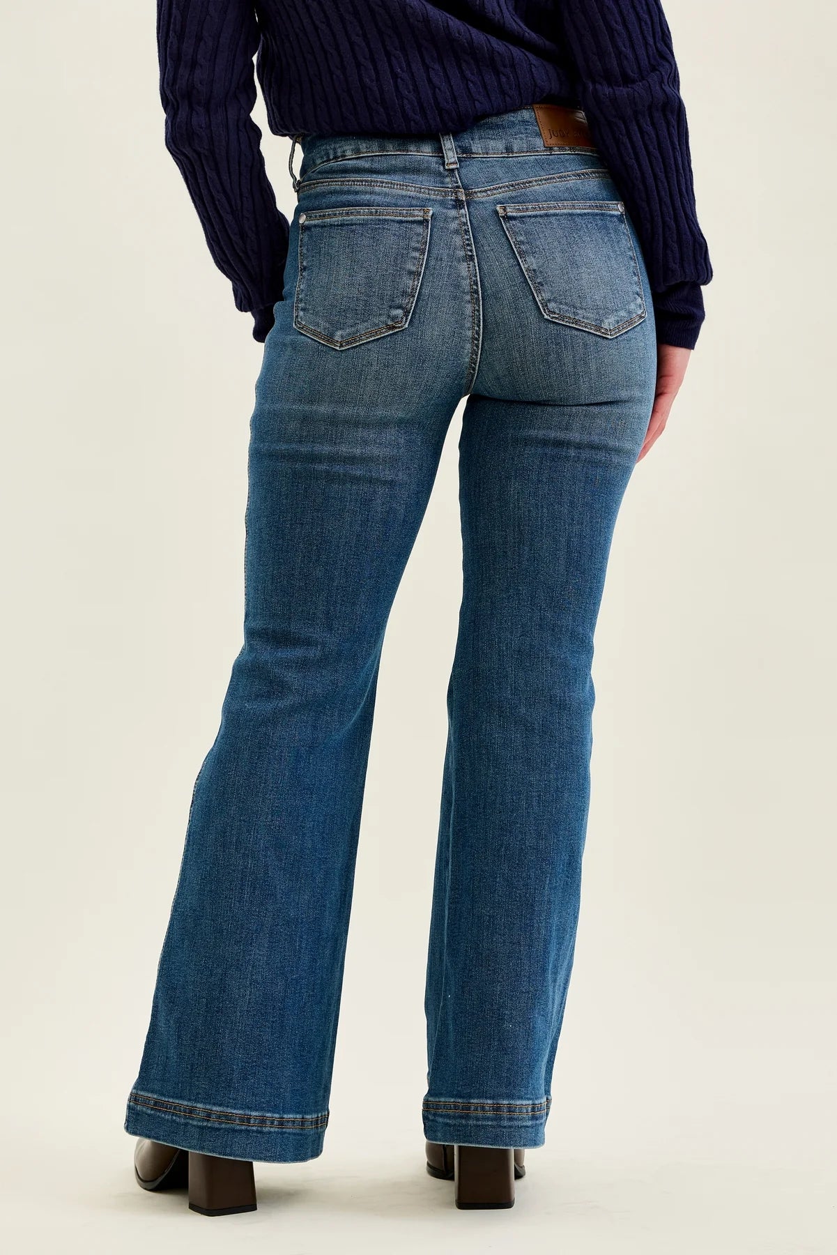 881018PT Petite Flare Tummy Control Double Button High Waist Jean
