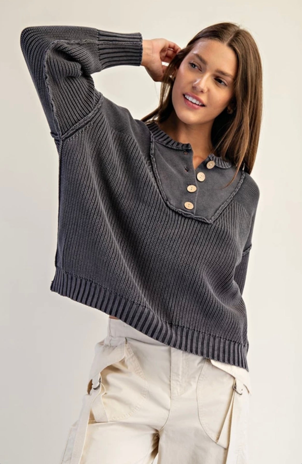 SK14167 
Half Button Front Long Sleeve Knit Pullover