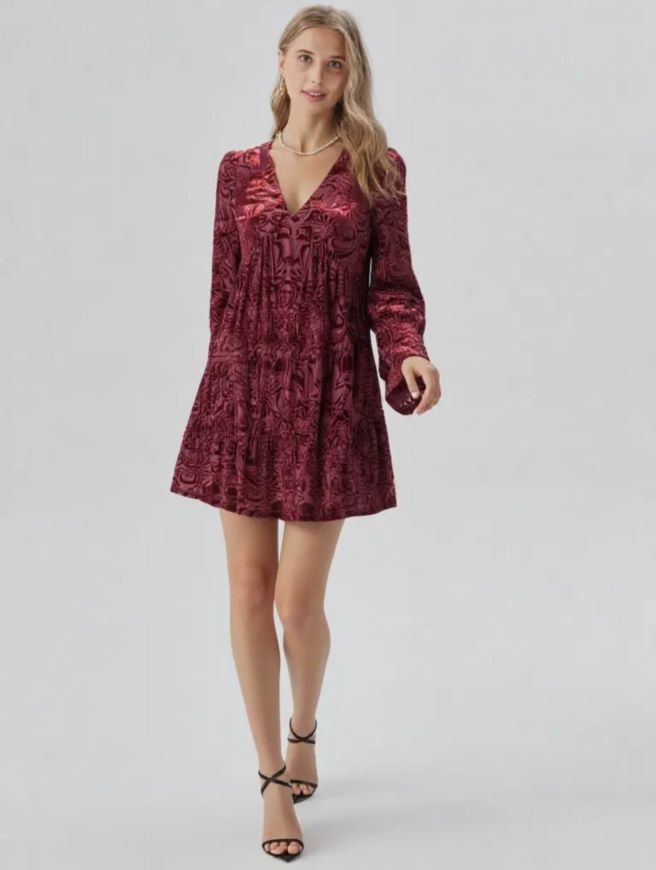 ND31023 Deep V-Neck Velvet Jacquard Holiday Mini Dress