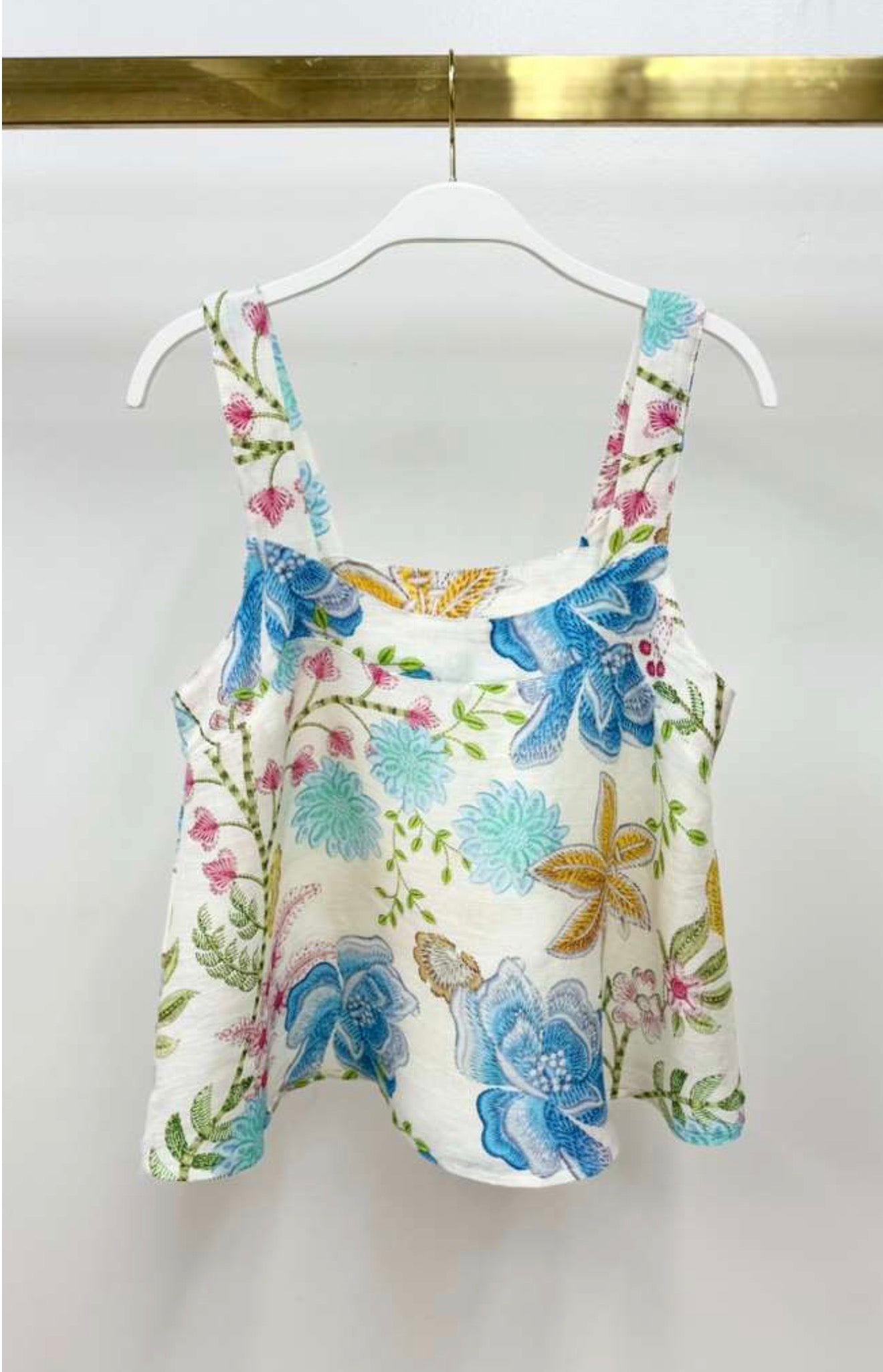 77112L024 Stitch Floral Wide Strap Square Neck Flowy Tank Top