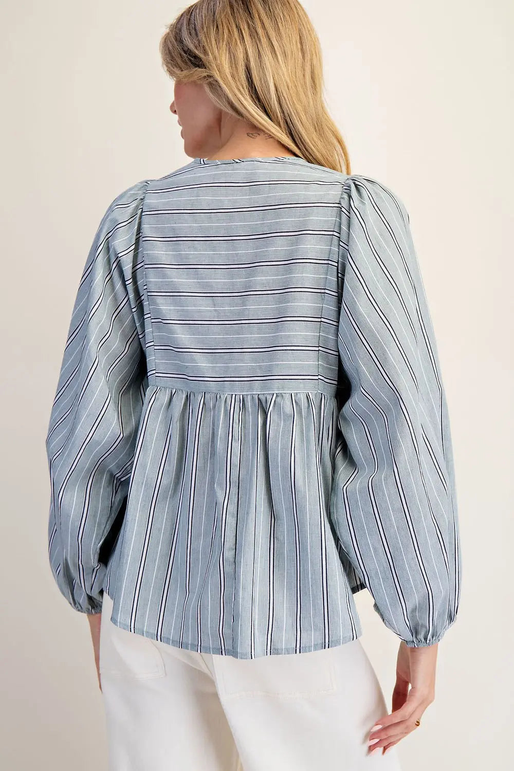 K14577 Striped Tie Front Balloon Sleeve Blouse