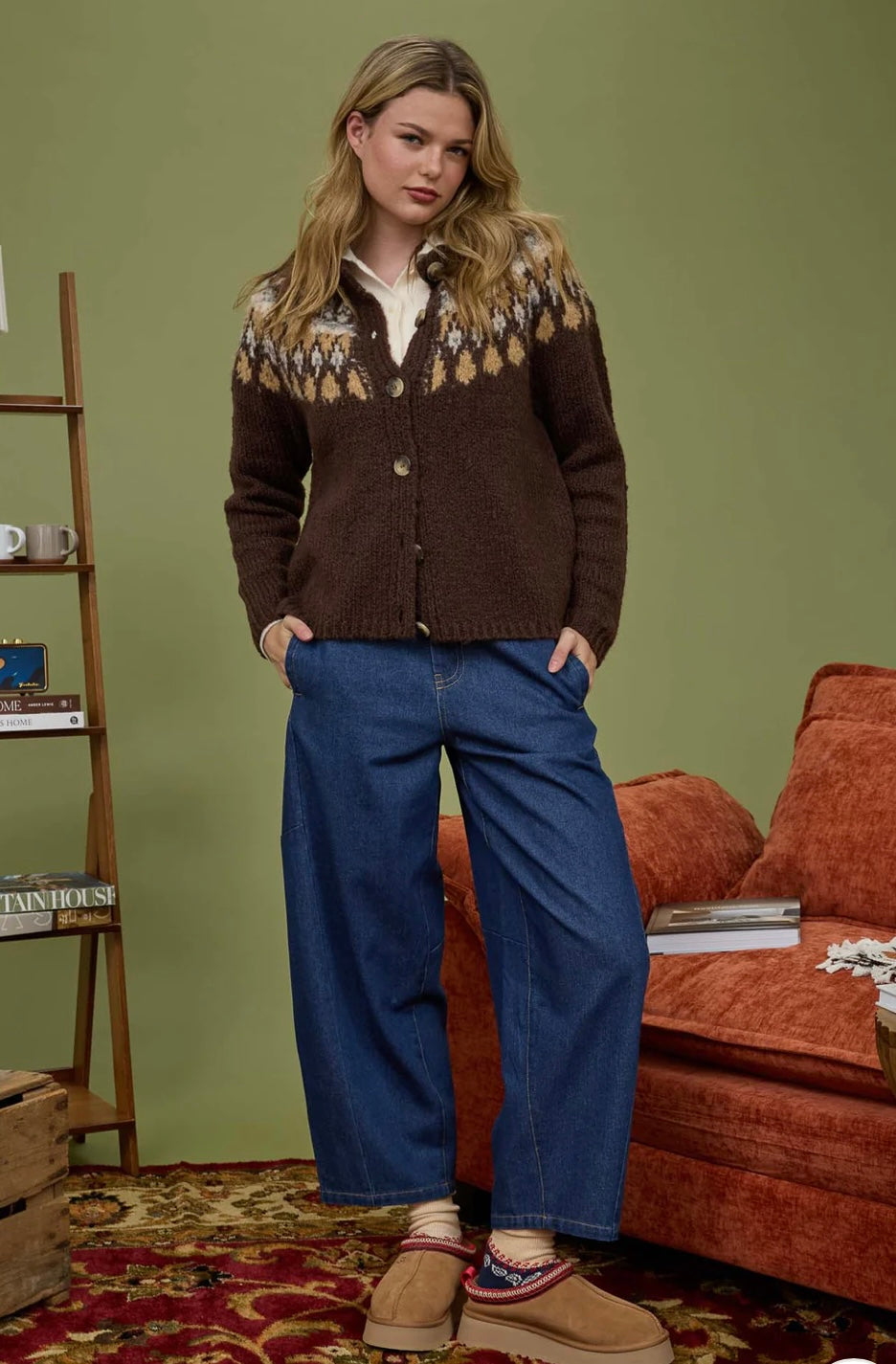 B5FJ1004 FAIR ISLE PATTERN LONG SLEEVE KNIT CARDIGAN