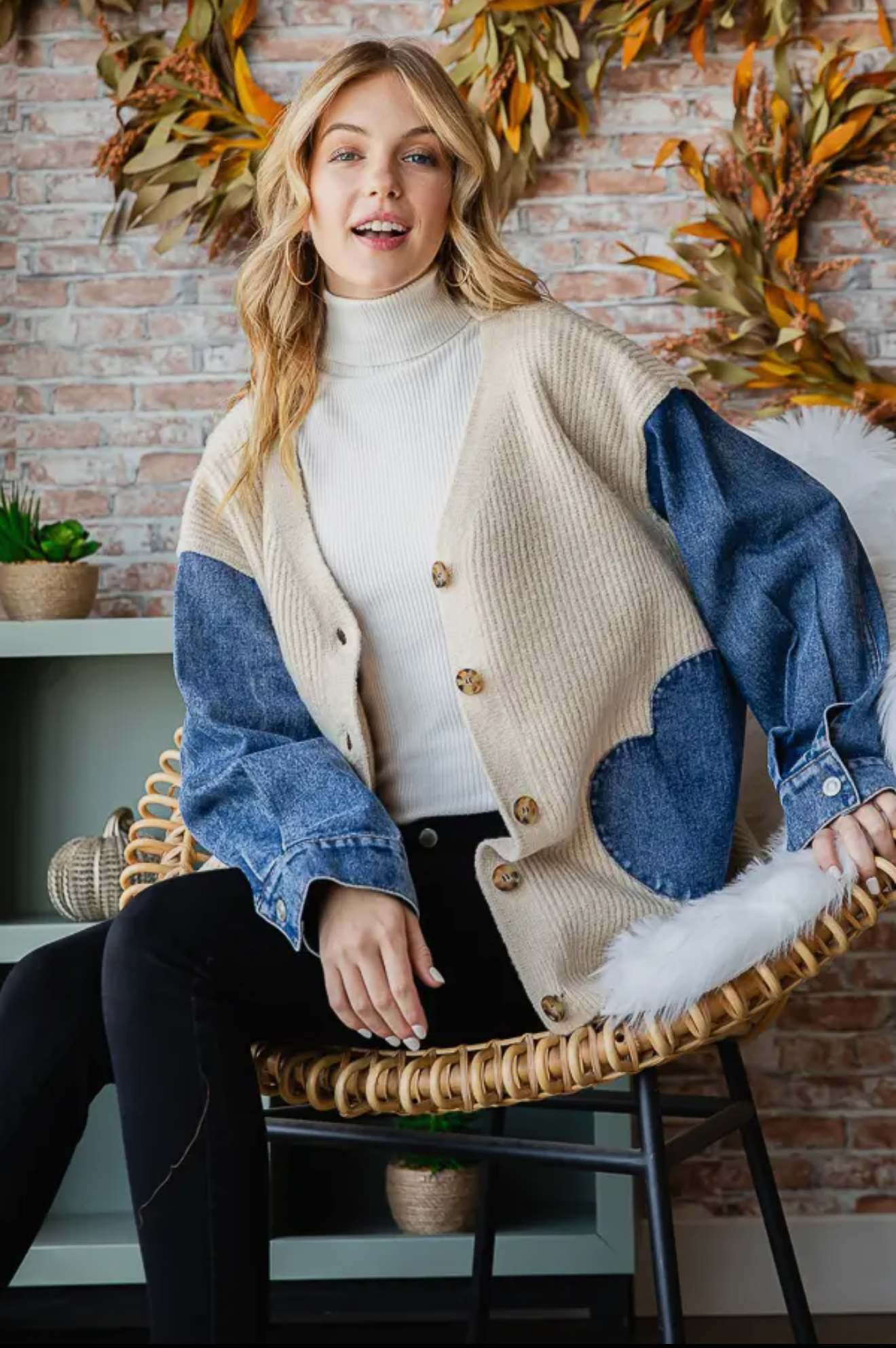 T5220 Knit Denim Contrast Heart Shaped Button Down Cardigan