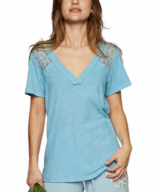 YKT1104 Short Sleeve Ribbed V-neck with Lace Inserts.