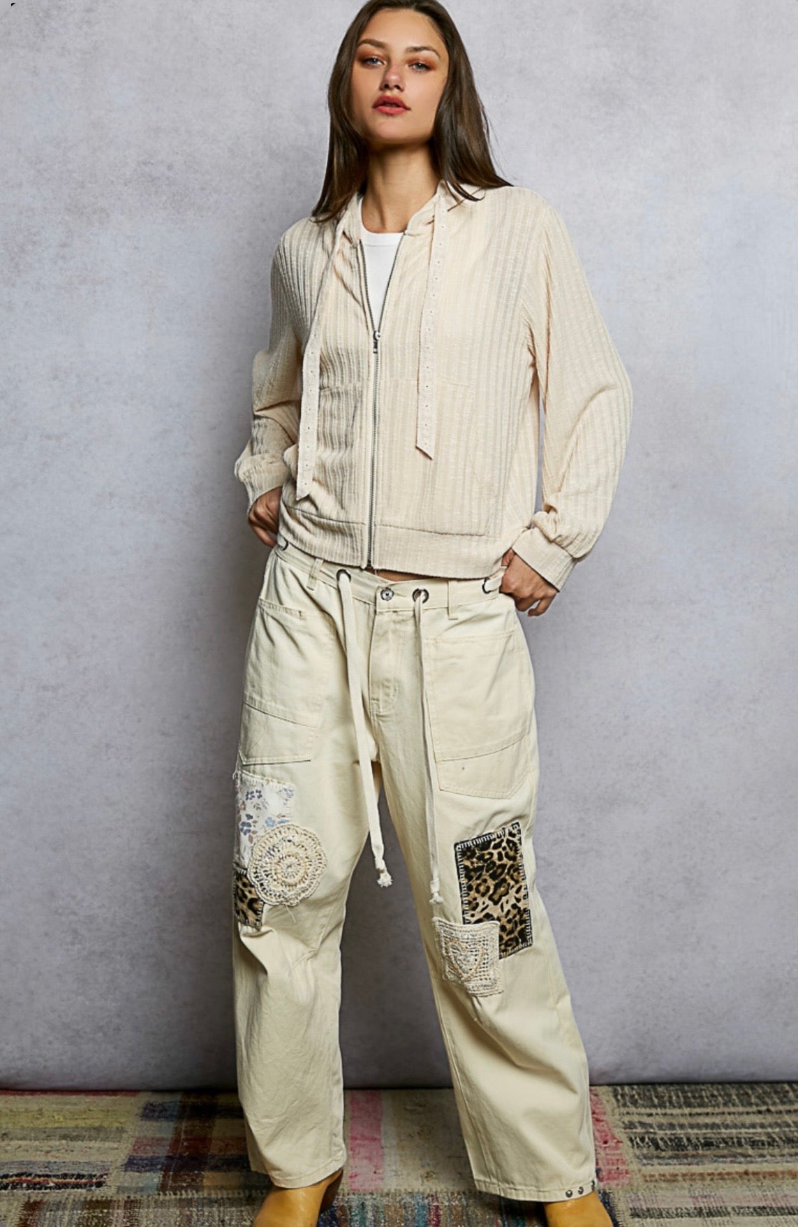 YKT1735A Almond Hooded Zip Up Jacket