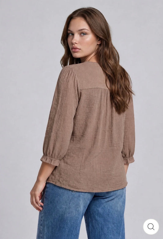 PTB9343 PLUS CROCHET TRIM V-NECK 3/4 SLEEVE HENLEY TOP