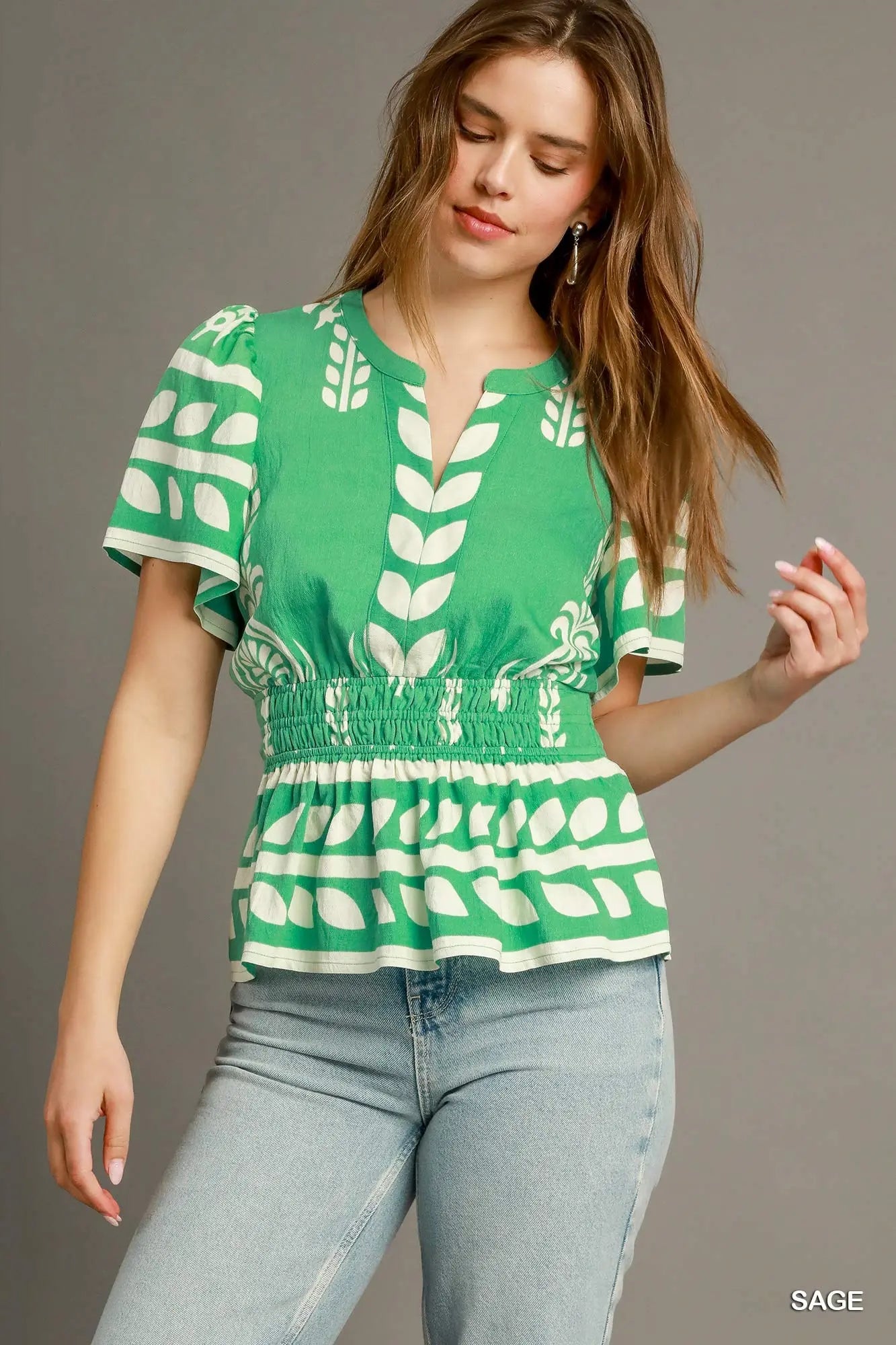 K0207 Boho Peplum Smocked Waist Blouse