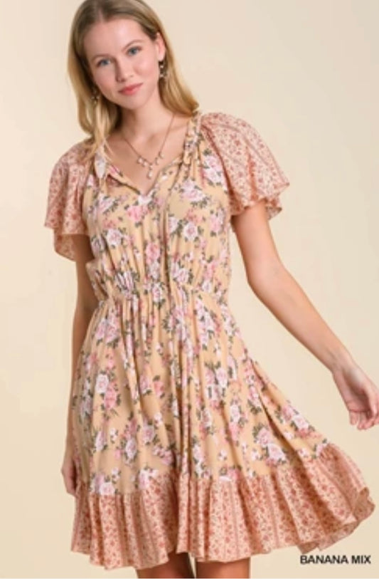 R0087 Mixed Print Split Neck Dress, Ruffle Trim Neckline, Neck Tie Detail with Cinched Waist