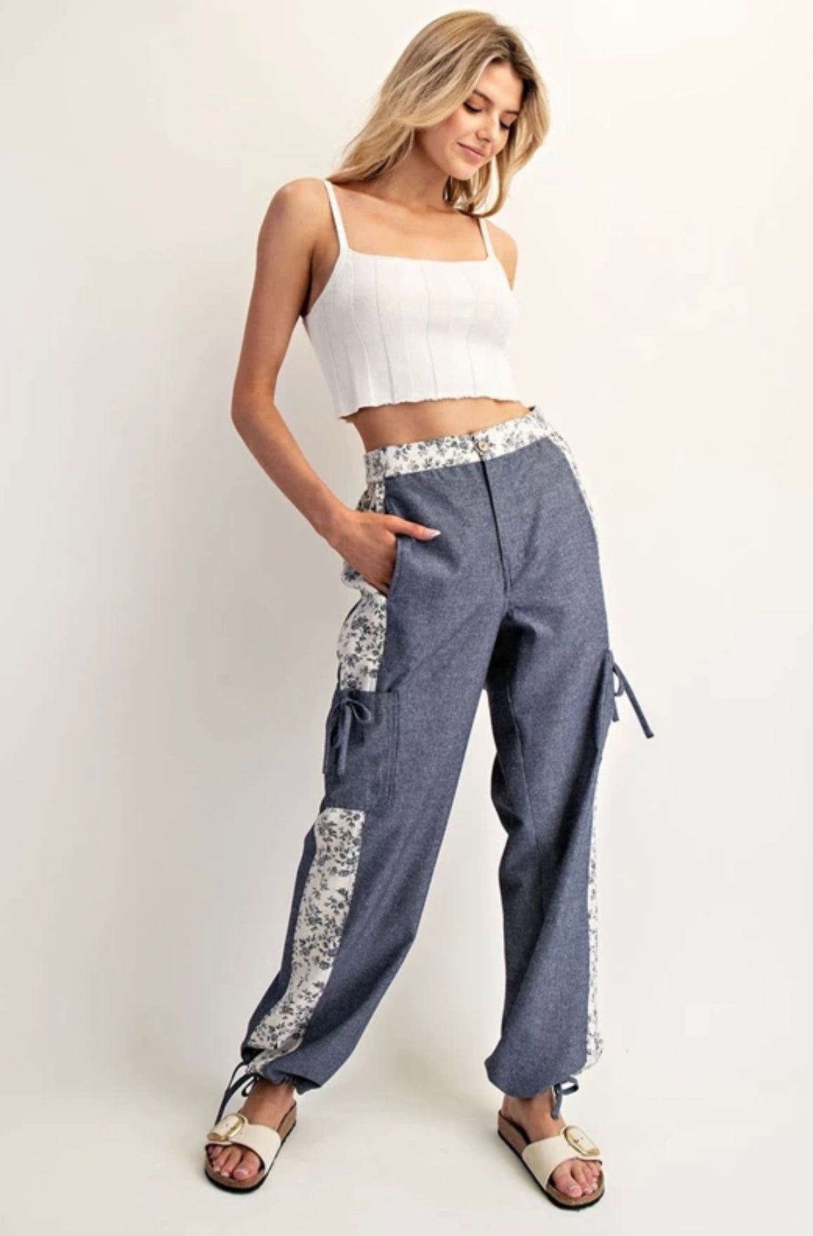 PH15041 Soft Washed Floral Striped Color Block Pants