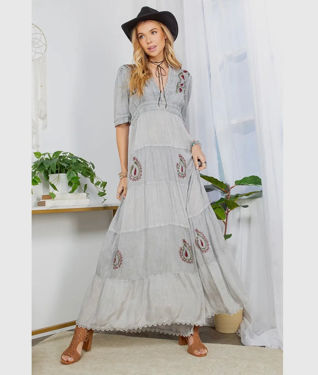 DR44607 Boho Gray Maxi Dress with Embroidered Accents