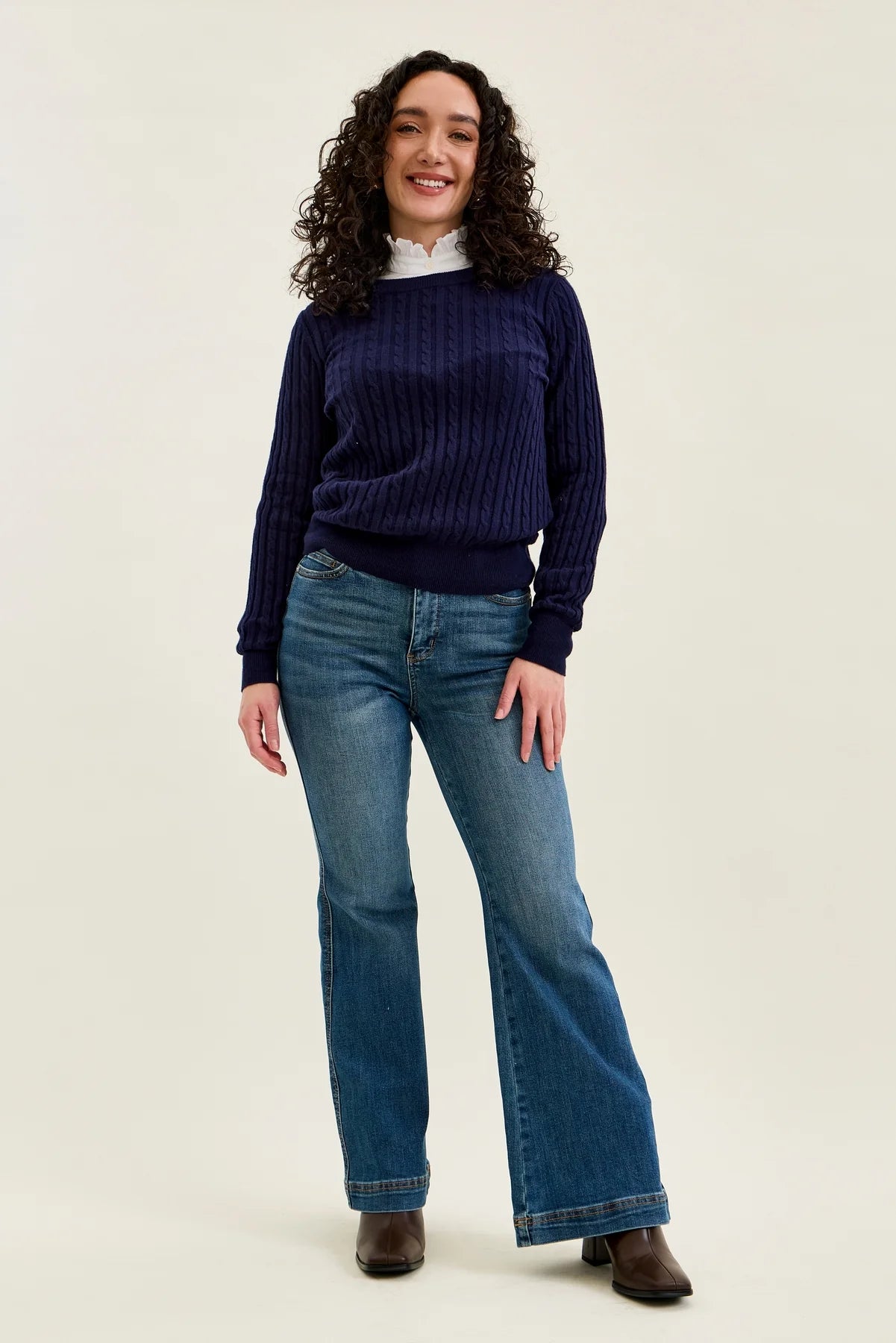 881018PT Petite Flare Tummy Control Double Button High Waist Jean