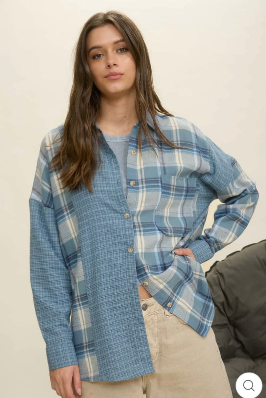 J5ST1038 COLORBLOCK PLAID LONG SLEEVE BUTTON DOWN SHIRT