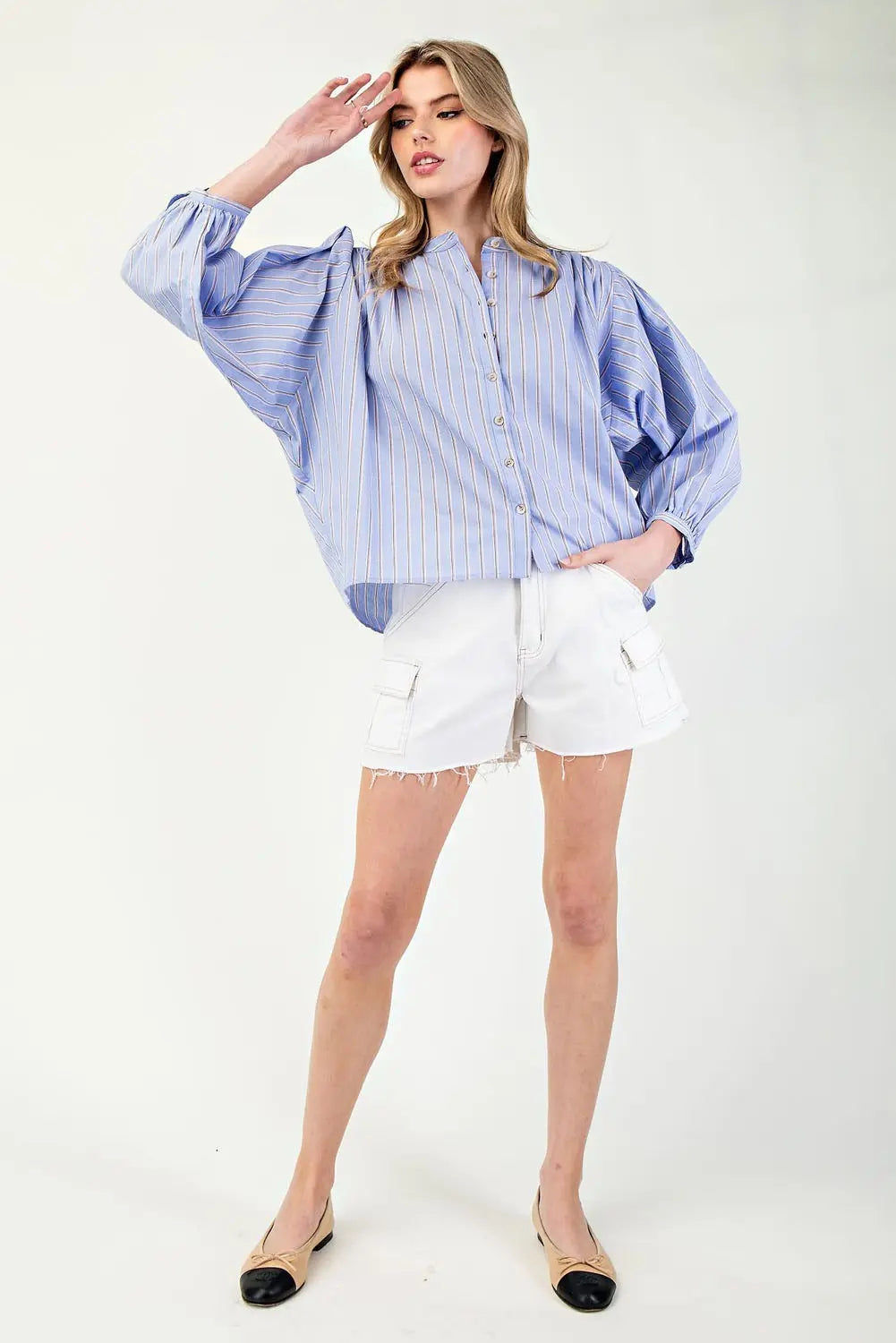 K11562 Striped 3/4 Sleeve Button Down Shirt