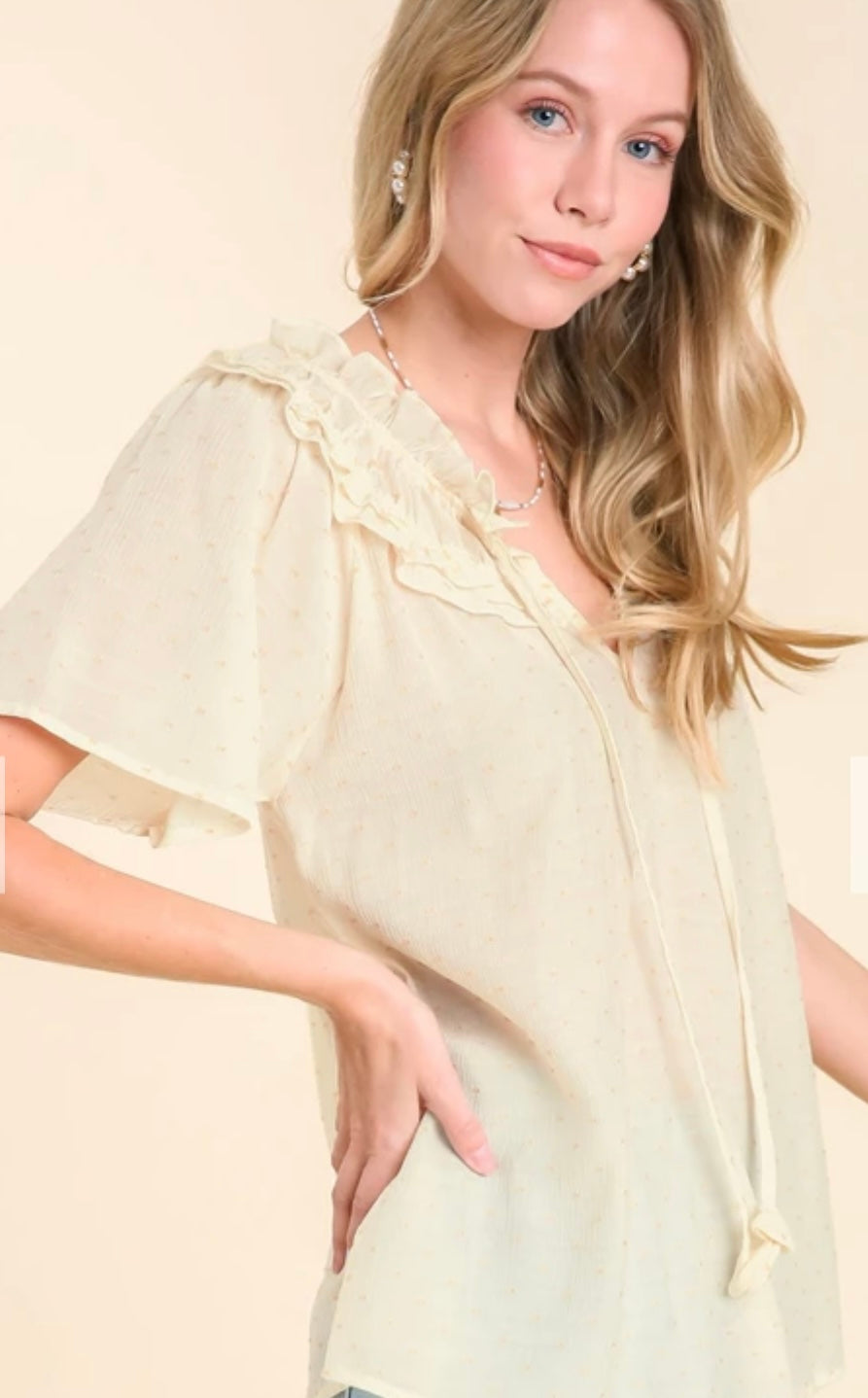 R0018 Dot Embroidered Blouse with Ruched Neckline and Neck Tie Detail