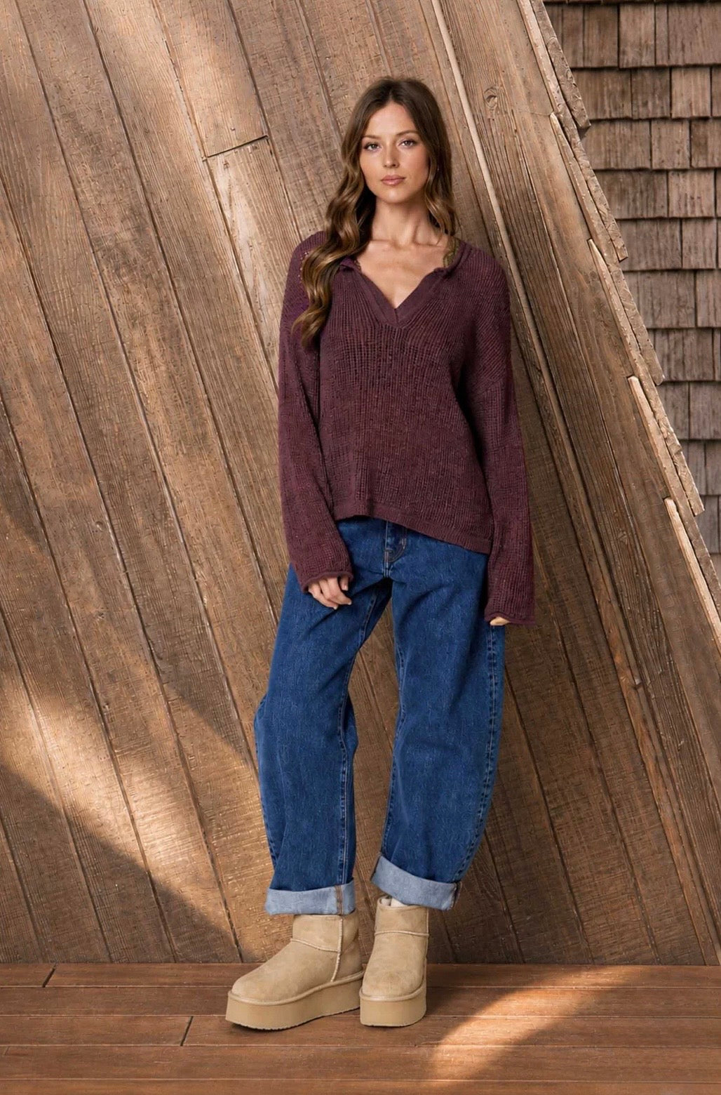 B6FT1030A RAW EDGE SPLIT NECK LONG SLEEVE SHEER KNIT SWEATER