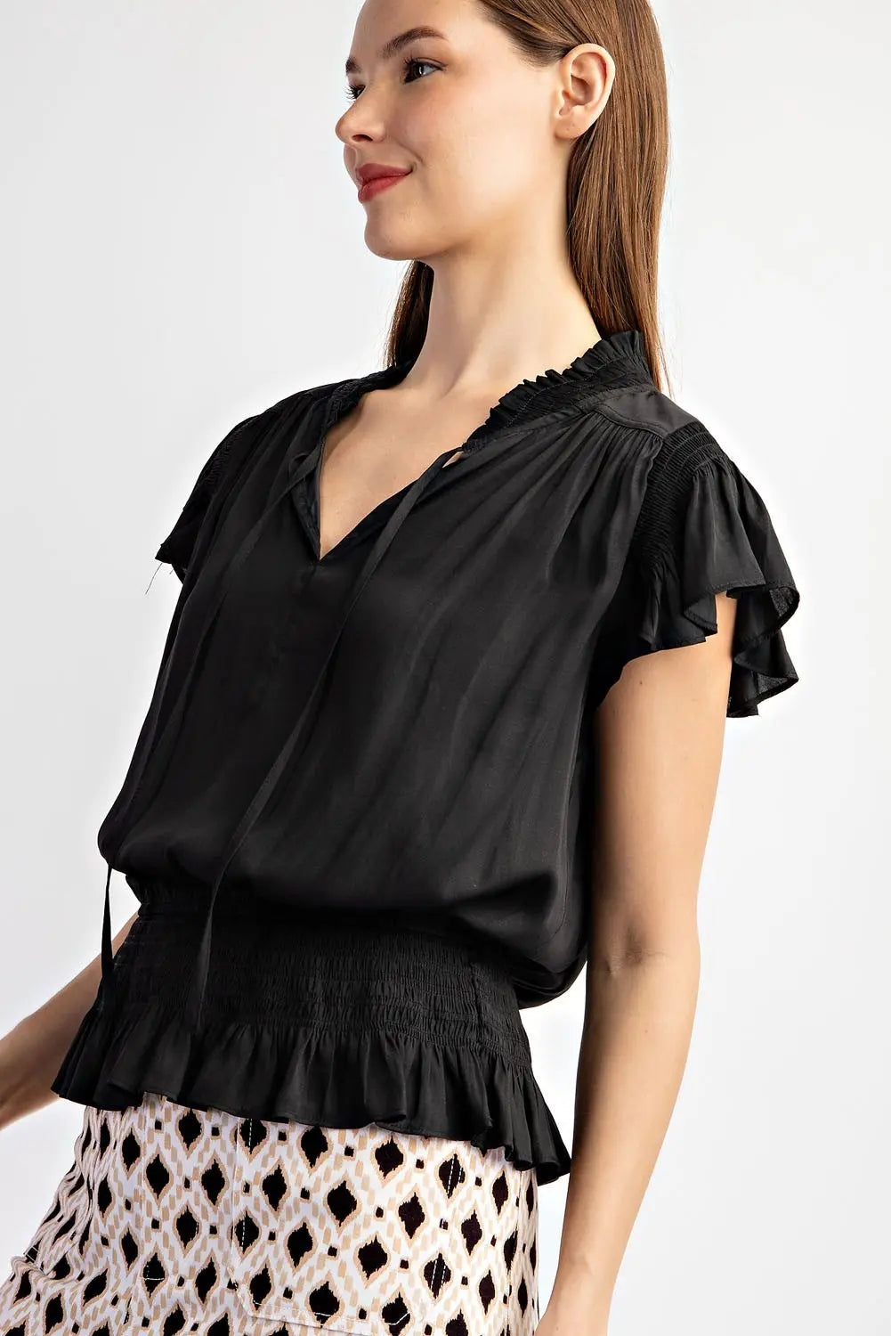 TK9815 SOLID SMOCKED SHORT SLEEVE TOP